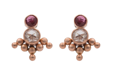 14k Rose Gold May Queen Stud Earrings with Moissanite and Tourmaline